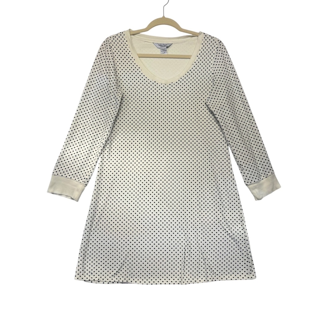 Nautica Sleepwear Womens Small Cream Polka Dot Long Sleeve Fleece Nightgown